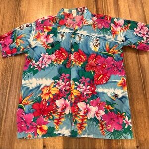 VTG Hawaiin SunDek Shirt Hibiscus Surfer All Over Print Aloha 80s 90s Vacation L
